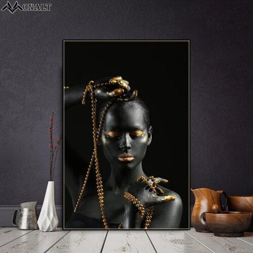 Abstract African Women Wall Art Canvas Wall Art Black Gold Character Makeup Art Canvas Decor Wall Pictures Living Room Poster