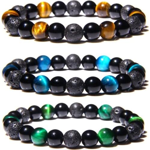 8mm Tiger Eye Stone Beads Bracelet Round Natural Lava Volcanic Stone Beaded Charm Bracelet for Women Men Energy Jewelry Gifts