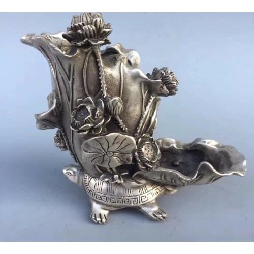 Chinese Antique White copper hand-made double dragon lotus pen holder