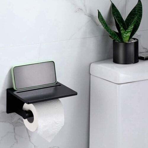 Toilet Paper Holder with Shelf Wall Mounted Anti-Rust Aluminum Tissue Roll Holder with Phone Shelf for Modern Bathroom