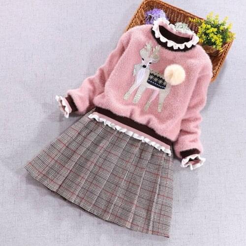 Children Girls Christmas Clothes 2 Piece Set Pink Mink Cashmere Pullover Sweater and Thick Patchwork Plaid Dress for Big Girls