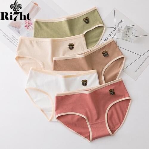 Cotton Womens Underwear Comfortable Seamless Underpants Embroidery Badge Panties Solid Lingerie Mid Waist Girls Briefs
