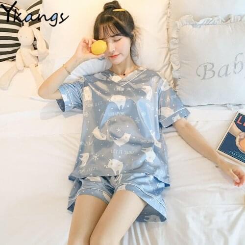 Summer Cool Womens Pajamas Sets with Flower Print Fashion Luxury Female Faux Silk Two Pieces Shirts + Pants Nighties Sleepwear