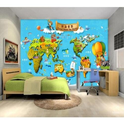 Papel de parede Cartoon world map childrens mural childrens room 3D wallpaper mural,living room home decor