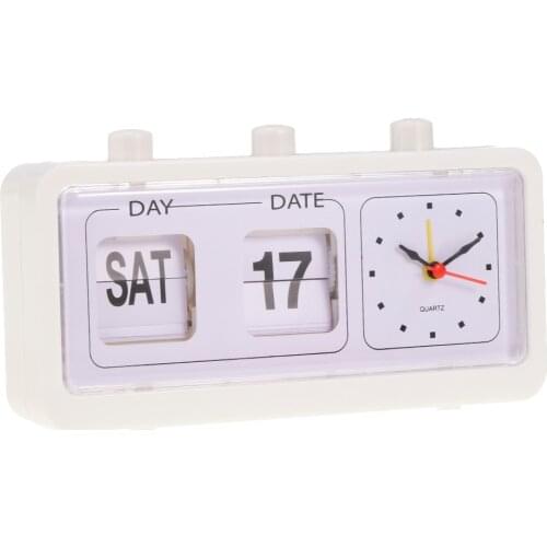 Table Clock Flip Date/ Day Display Timepiece Flip Page Turning Clocks-White