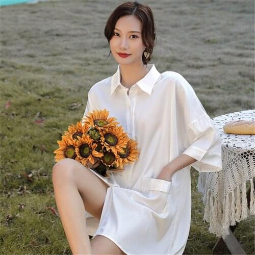 Nightgown womens white shirt-style nightdress short sleeve sexy loose summer thin section casual nightdress ночная рубашка