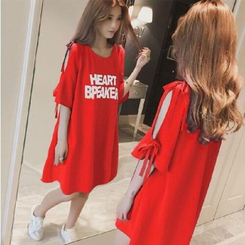 2020 new large size womens bowknot dress letter printing five-point sleeves off-shoulder mid-length short-sleeved T-shirt