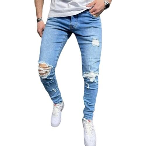New Slim Jeans Men Plus Size 38 40 Solid Color Ripped Hole Skinny Stretch Motorcycle Male Denim Pants High Quality
