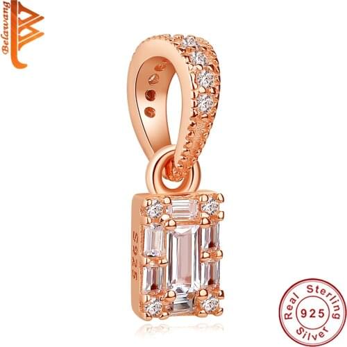 Wholesale Real 925 Sterling Silver Rose Gold AAA CZ Charm with Rectangular Bead Fit Original Bracelet Women DIY Jewelry