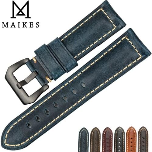 MAIKES watch strap 22mm 24mm 26mm watch accessories black buckle Italian vintage blue leather watch band for Panerai watchbands