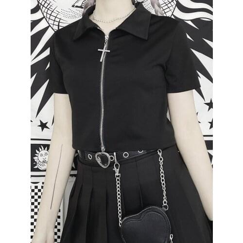 Ruibbit Gothic Hot Girls Love Button Slim Turn-down Neck Short T-shirt Summer Sexy Punk Women Black Cross Pullover Shirts