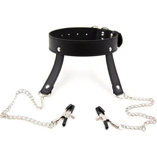 Sex Neck Collars and Nipple Clamps Clips BDSM S&M Harness Bondage Restraints Flirting Sex Toys for Women PU Leather Sex Products
