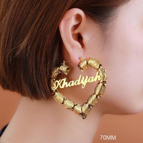 45mm-90mm Custom Bamboo Hoop Earrings Stainless steel Custom Name Earrings Heart-shaped / round bamboo Earrings Personality Gift