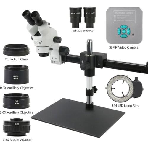 Guide Stand Trinocular Stereo Microscope 3.5X-90X Zoom Simul-Focal +36MP 1080P HDMI USB Video Camera+144 LED Light+0.5X/1X/2X