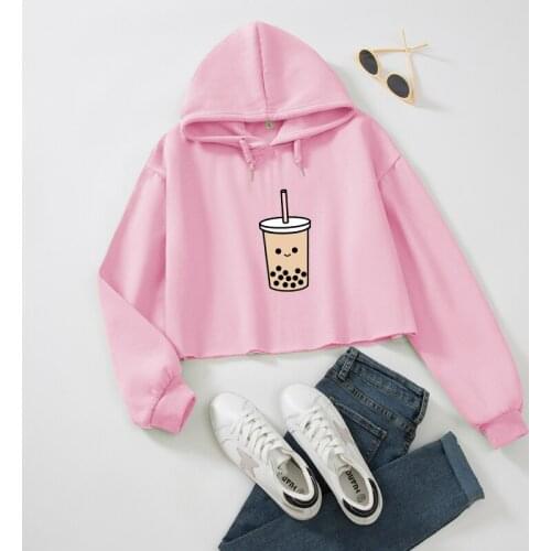 Crop Hoodie Long Sleeve Sweatshirt Print Cotton Coat for Girls Cartoon Aesthetic Soft Drawstring Pullover Hood Female Streetwear