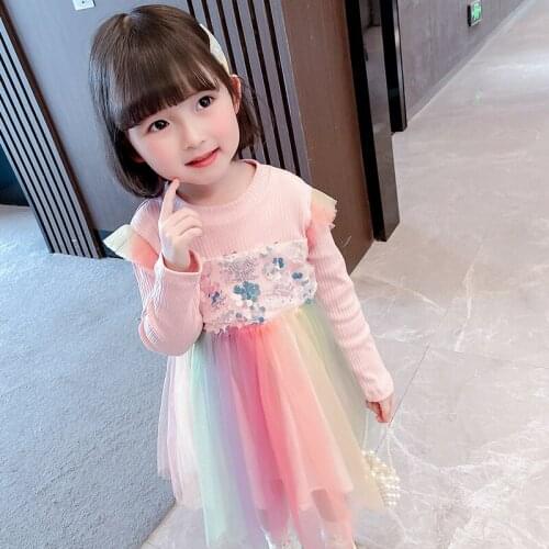 LISUNNY 2021 Spring Autumn Girls Dress Round Neck Long Sleeve Sequins Children Rainbow Color Princess Dress Kids Clothes