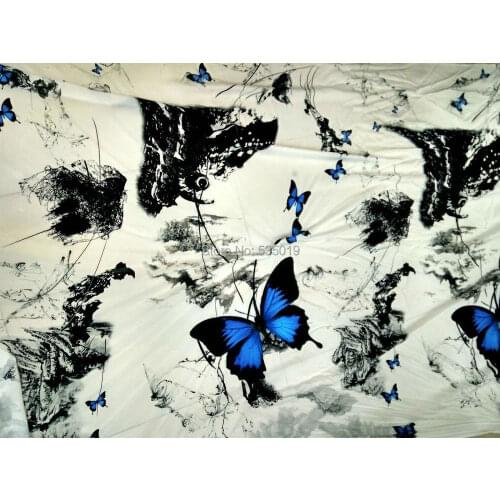 High quality 100% silk blue butterfly flowers printing silk satin fabrics for dress shirt cloth scarf Crepe stretch fabric