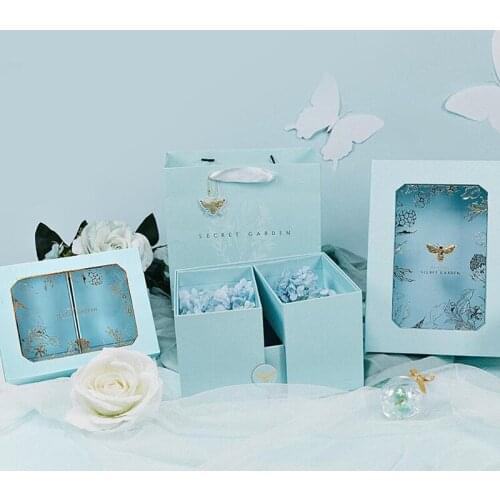 High Grade Hollow-out Gift Box Blue Bronzing Insect Double-layer Rotating Folding Large Party Wedding Necklace Paper Gift Box