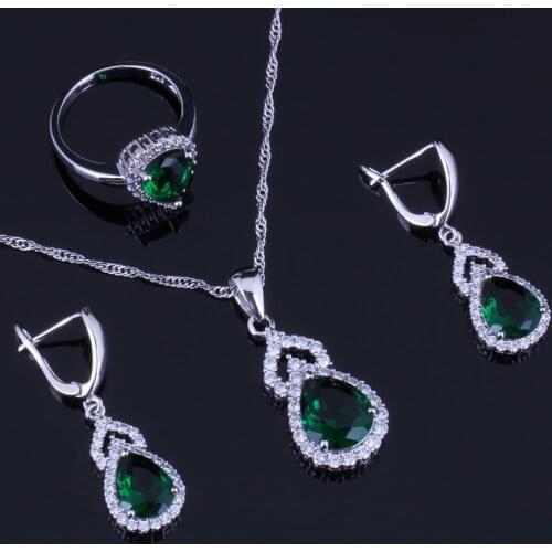 Superb Pear Green Cubic Zirconia White CZ Silver Plated Jewelry Sets Earrings Pendant Chain Ring V0294