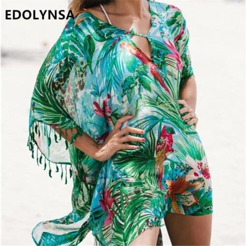 Green Bohemian Print Lace Up Leaf fringed Beach Tunic Sexy Half Sleeve Pool Party Dress Plus Size Chiffon Tunic Beach Dress N523