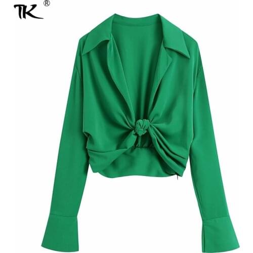 Womens Blouse Green Cropped Bandage Long Sleeve Tops Lace Up Sexy Top For Women Chic Club Streetwear Ladies Summer 2021 Autumn