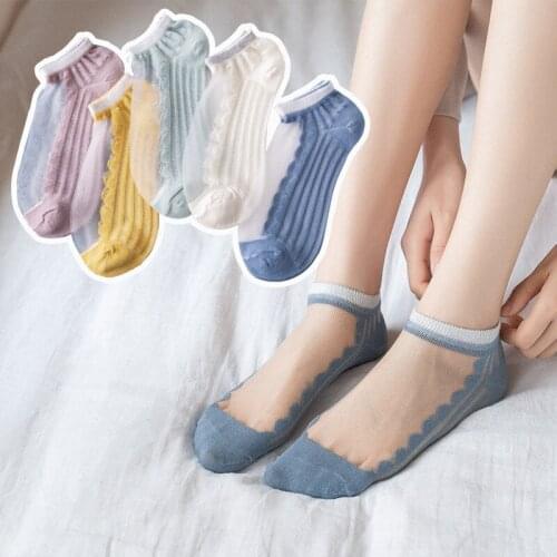Women Summer Thin Crystal Glass Socks Candy Color Striped Wave Womens Socks Boat Socks 5 Pairs
