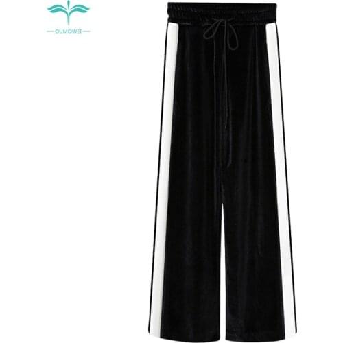 OUMOWEI Womens Trousers Autumn New Wide Leg Pants High Waist Loose Casual Pants Gold Velvet Black Trousers M-6XL Size