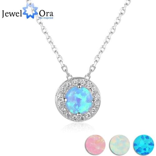 2020 Women Pendants&Necklace Round Blue Opal with Genuine 925 Sterling Silver Jewelry Elegant Gift (JewelOra NE102694)