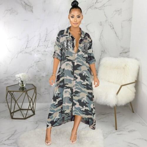 2021 Womens Long Maxi Sequin Printed Shirt Dress Loose Button Womens Long Sleeve Camouflage Split Dress Women Autumn Clothes