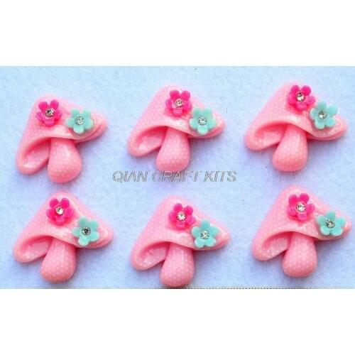 200 pcs pink adorable small polka dots Mushroom w/ flower rhinestone Cabochon Cabs 20mm Resin little mush room