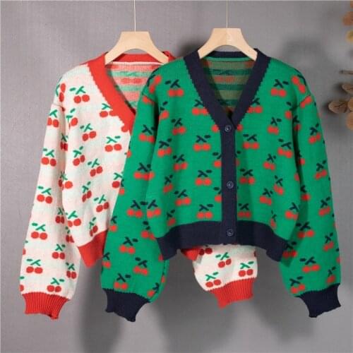 2021 Fashion V-Neck Cherry Cardigan Women Jacket Clothes Vinage Knit Cropped Sweaters Tops Loose Pull Femme Korean Sueter Mujer