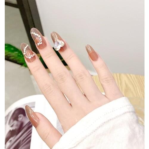 24pcs Rhinestone Inlaid Nail Patch Glue Type Removable Long Paragraph Fashion Manicure Save Time False Nail Patch DL