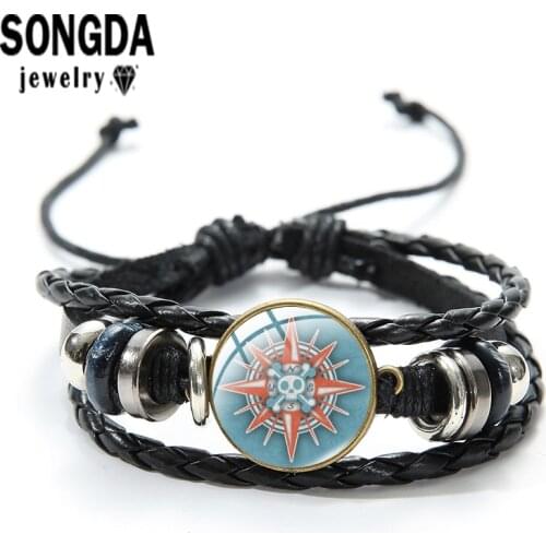 SONGDA Skull and Cross Bones Black Leather Bracelet Art Glass Cabochon Multi-layer Adjustable Bracelet Man or Women Jewelry Gift