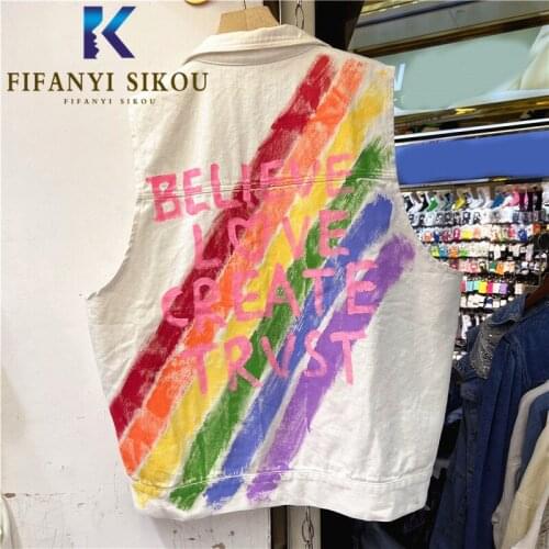 Letter Print Denim Vest Women Fashion Graffiti Lapel Sleeveless Jacket Streetwear Loose Jeans Vest Female Spring Denim Jackets