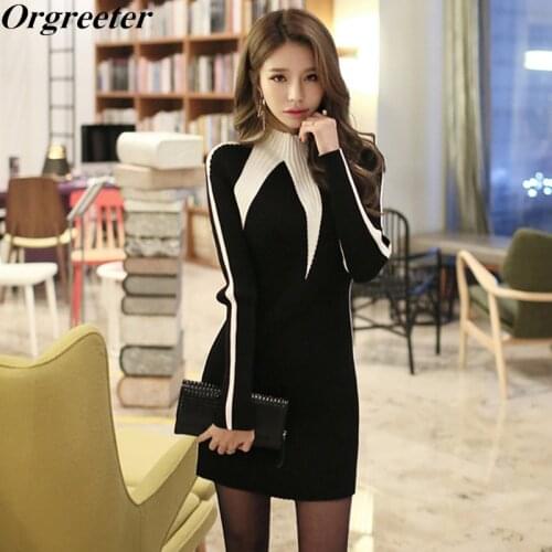 Black White Patchwork Bodycon Sweater Dress 2018 Autumn Women Thin Long Sleeve Elastic Slim Sexy Above knee Pencil Dress