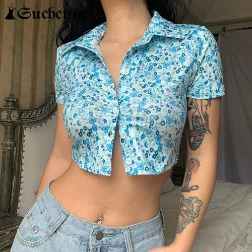 SUCHCUTE Aesthetic Floral Printing Women T Shirts Harajuku Y2K Streetwear Cropped Tops Short Sleeve Slim Casual Vintage Clothes