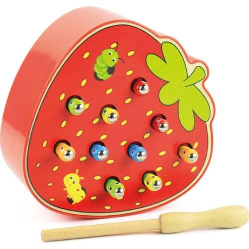 Wooden Catch Worms Games with Magnetic Stick Catch Creature Caterpillar Montessori Educational Magnetic Strawberry Apple Shape