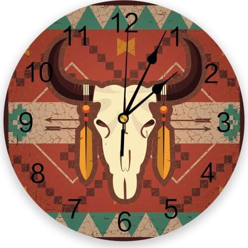 Indian Bull Skull Art Living Room Clock Wall Round Clocks Decor Home Bedroom Kitchen Decoration Wall Clocks