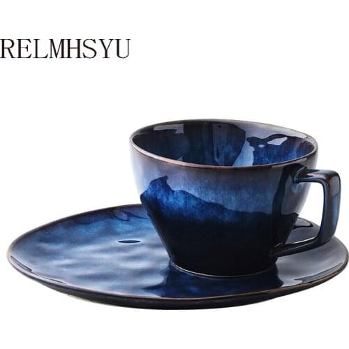 1PC European Style Blue Ceramic Western Breakfast Plate Milk Oatmeal Bowl Big Mug Set Tableware Set Household Restaurant