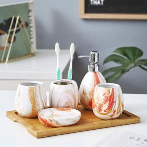 Ceramic Bathroom Set Wooden Tray Wash Cup Set Six-Pieces Bathroom Wash Set Luxury Home Accessories Kit Soap Dispenser Toothbrush