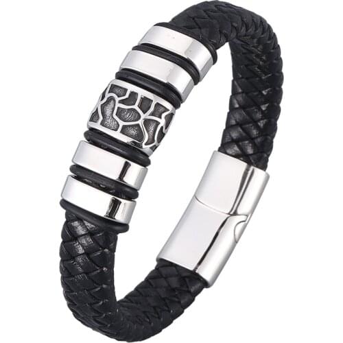 New Luxury Stainless Steel Accessories Genuine Leather Wristband 3 Colors Male Jewelry Woven Bracelet Men Birthday Gift PD0970