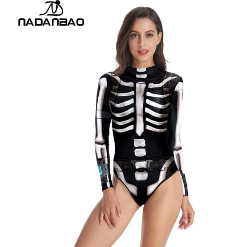 NADANBAO Adult Halloween Skeleton Printed Party Carnival Performance Scary Costume One Piece Swimsuit Long Sleeve Swimwear