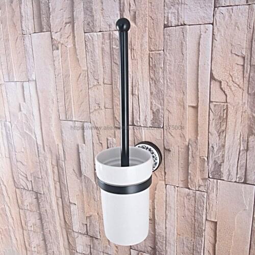 Wall Mounted Bathroom Toilet Brush Holder, Black Brass Color, With Ceramic Cup Cleaning Tools Toilet Bowl Brush Set Nba762