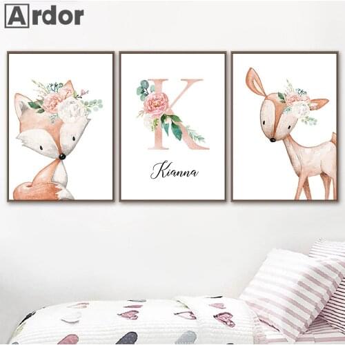 Woodland Animal Canvas Print Girls Custom Name Painting Fox Deer Nursery Wall Art Poster Nordic Pictures Baby Kids Room Decor