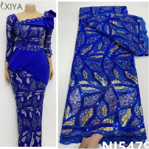Latest Nigerian Mesh Net Lace Fabric African Sequin Lace Fabric Royal Blue French Mesh Tulle Lace Fabric with Sequins NI5479
