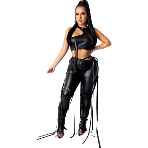 Sexy Club Two Piece Outfits for Women Split Bodycon Pants Sets Black PU Leather Brown Pants Suits Off Shoulder Sleeve Jumpsuit