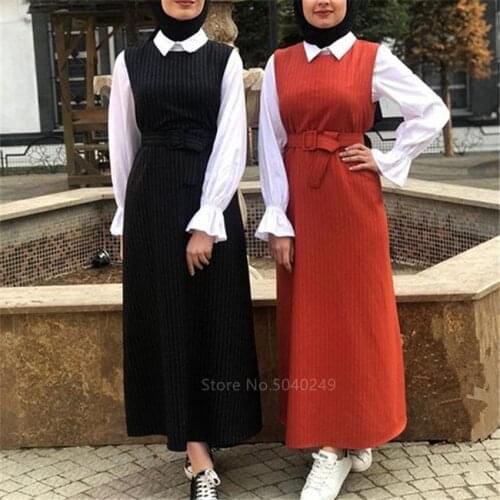 Muslim Traditional Clothing Vestido Women Islamic Ladies Dubai Fashion Abaya Kaftan Striped Tank Top Dress Belt Set Female Robe