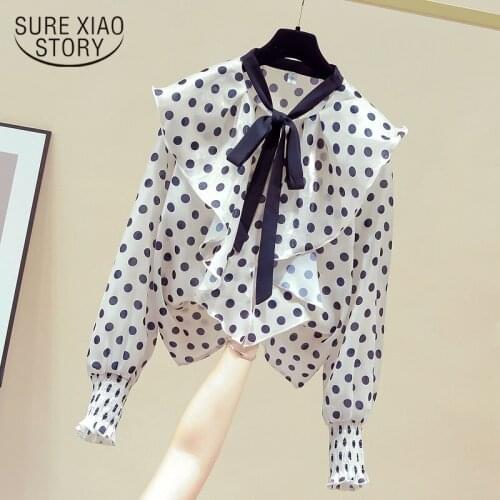 Women Blouse 2020 Fashion Chiffon Women Blouses Long Sleeve Causal Women Shirts Lantern Sleeve Polka Dot Feminine Blusas 11151