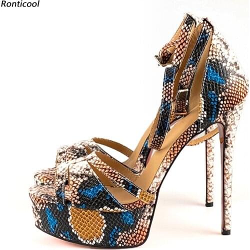 Ronticool Handmade Women Ankle Strap Sandals Platform Snake Stiletto Heel Open Toe Pretty Black Blue Party Shoes US Size 5-20