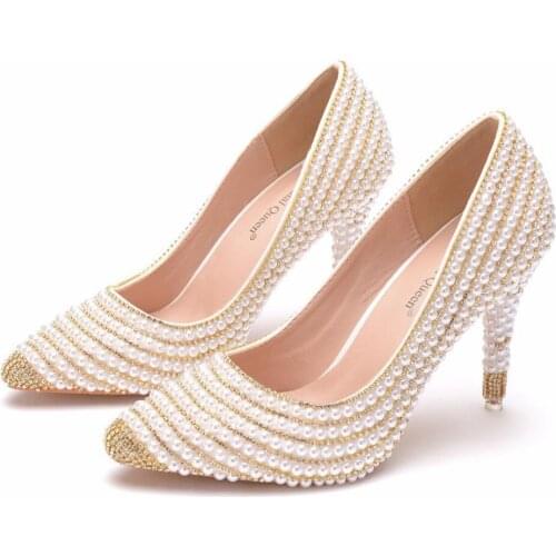 Luxury brand womens pearl shallow mouth pointed high heels beaded wedding shoes women elegant design high heels 9cm